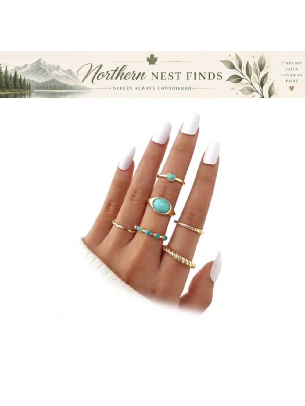 14K Gold Turquoise Stackable Boho Statement Ring Set Vintage Bezel